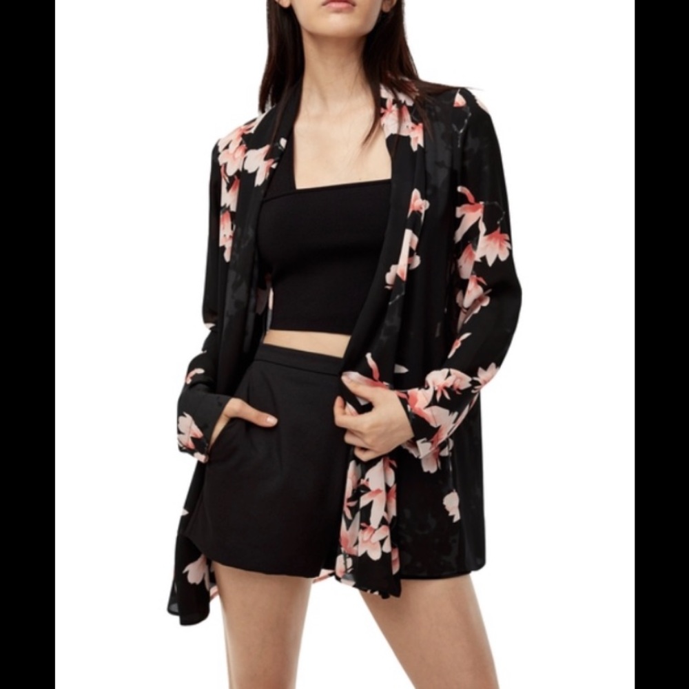 Aritzia Black Floral Open-Front Cardigan with Pink Blossom Print